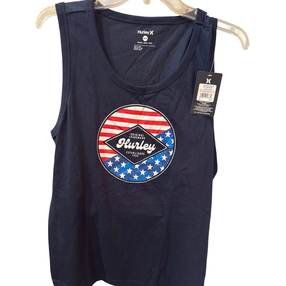 Hurley branded men's patriotic graphic tank blue base circular flag-themed M NWT